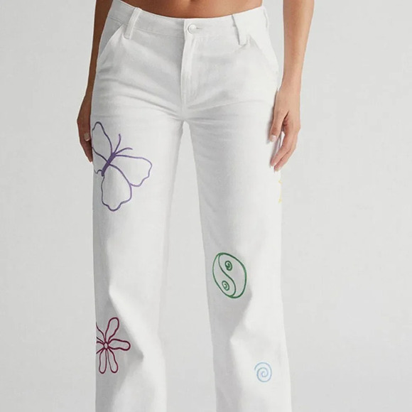 PACSUN Graphic Low Rise Carpenter Pants White Embroidered Size 24 - Picture 1 of 13